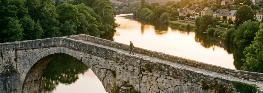 Person walking on old stone arched bridge spanning a reflective river with trees and houses nearby at sunset