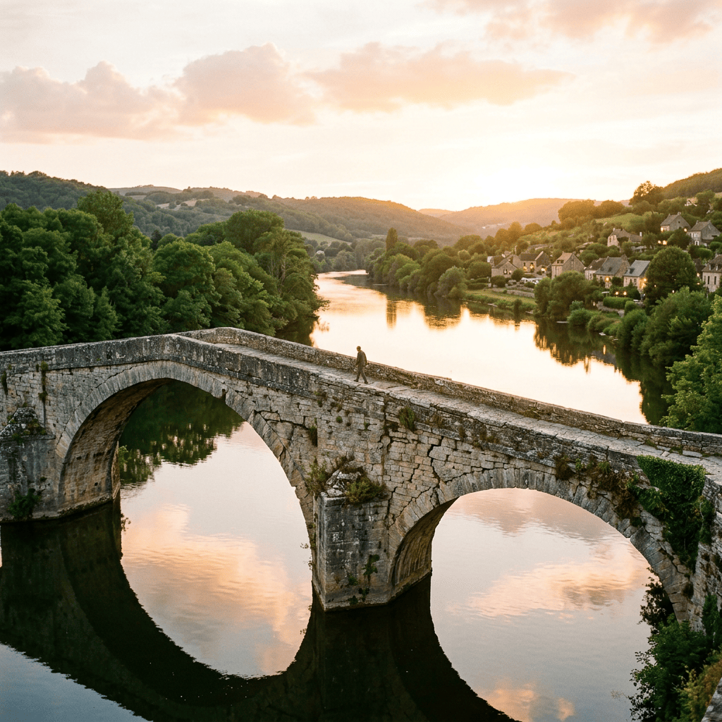 Person walking on old stone arched bridge spanning a reflective river with trees and houses nearby at sunset